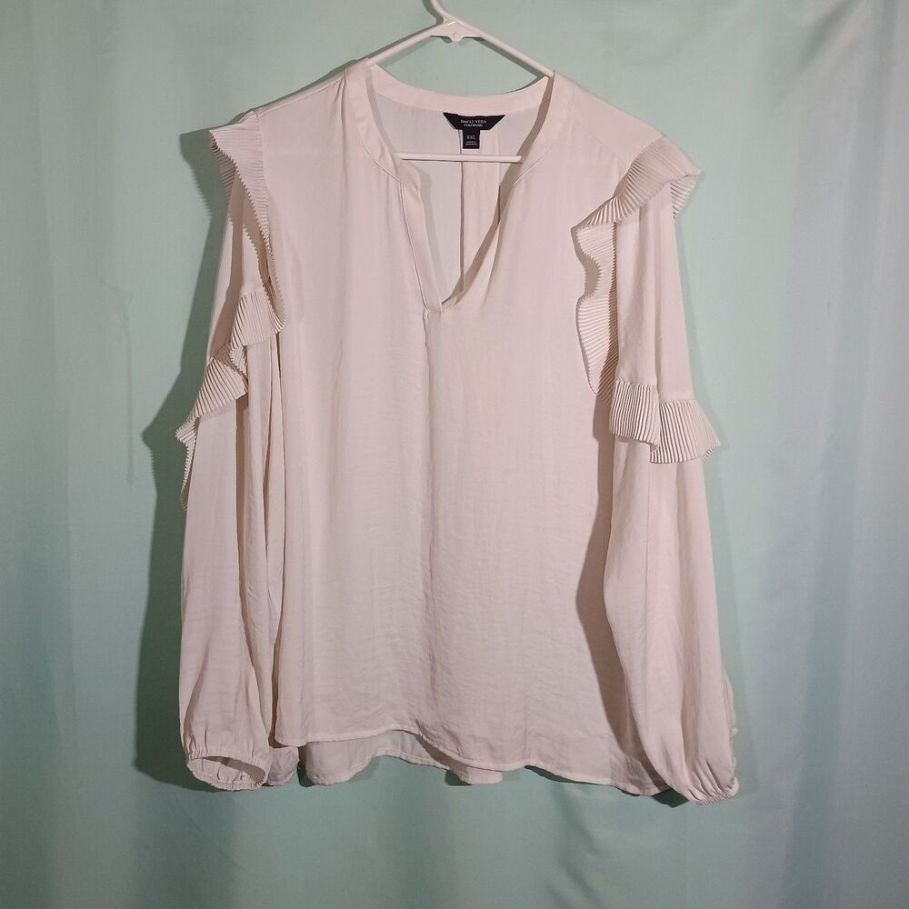 White Ruffle Shoulder Blouse Long Sleeve Split Neck Flowy Top